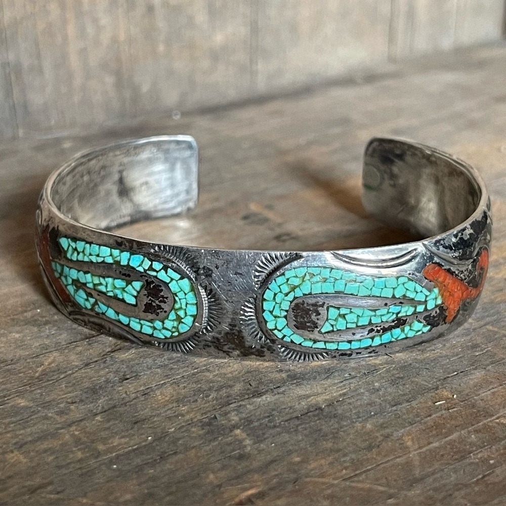 Antique Zuni Chip Inlay Turquoise Coral Cuff Bracelet Sm. Sterling Signed